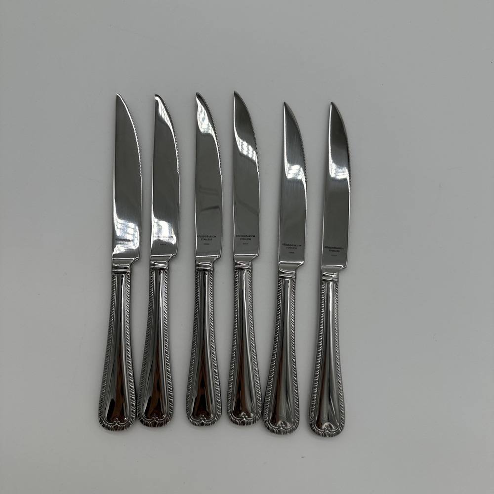 Reed & Barton Steak Knives Set of 6 Stainless Steel Serrated Rope Pattern Silver